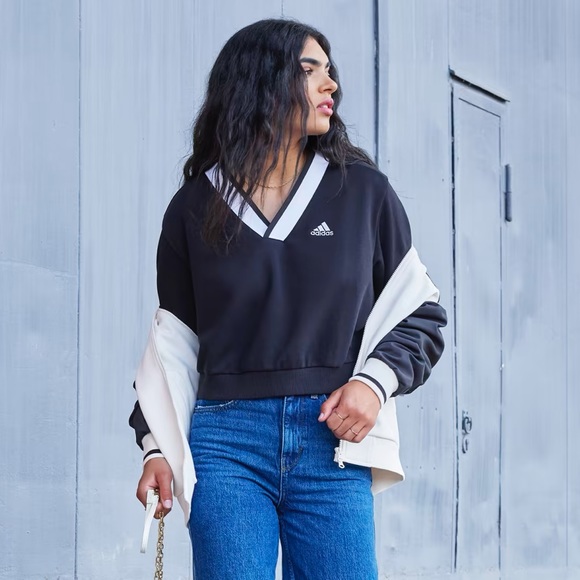 NWT Adidas Retro Varsity V-Neck Cropped Sweater - Picture 1 of 6